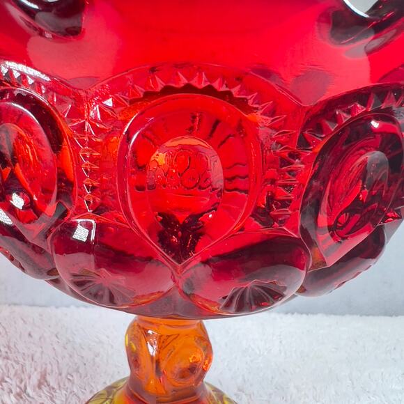 L E Smith Vintage Victorian Amberina Carnival Glass Compote Bowl Amber Red Fruit - Picture 12 of 16